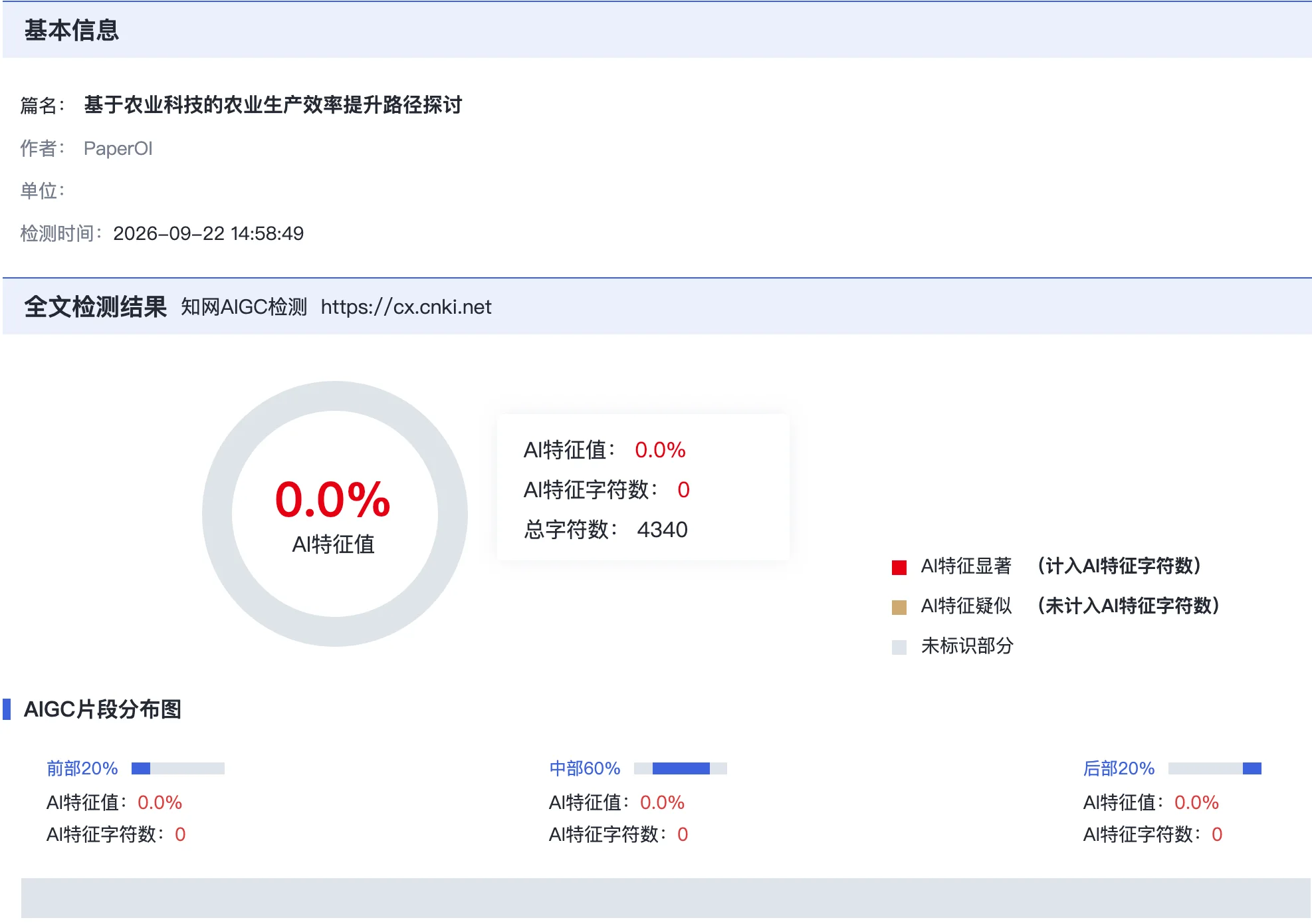 AI 检测结果示例，报告中未标出疑似片段